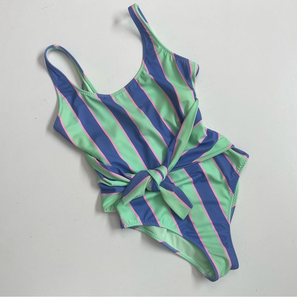 Fabletics Swimsuit Leotard Striped Tie Front Back Scoop Back Green Blue Pink